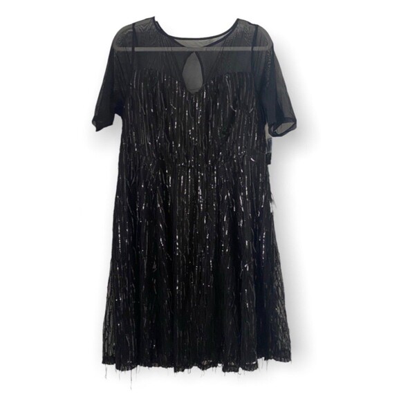Torrid Illusion Sleeve Skater Dress Sequin Fringe Black Flapper Midi Size 28 - Picture 1 of 15
